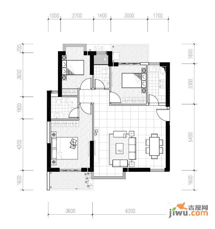 聚镇3室2厅2卫115.6㎡户型图