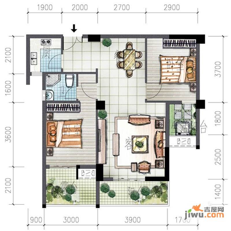 亿力悦海2室2厅1卫80.5㎡户型图