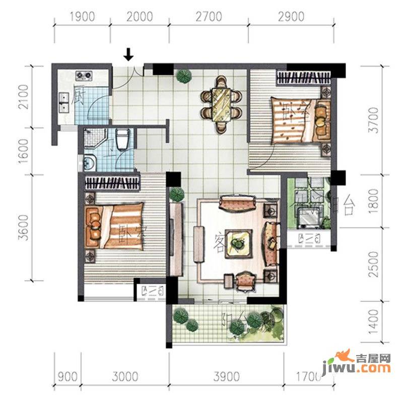 亿力悦海2室2厅1卫80.7㎡户型图