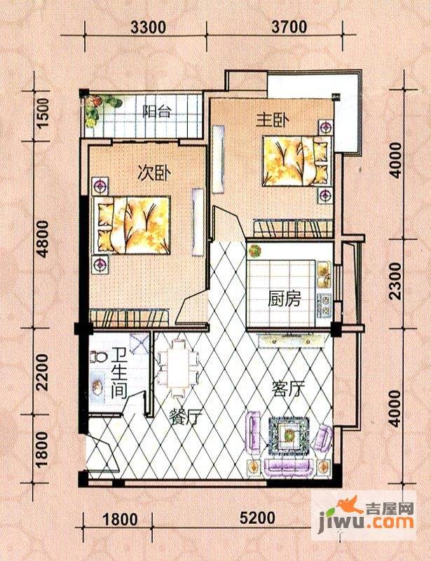 幸福海岸二期2室2厅1卫84.1㎡户型图