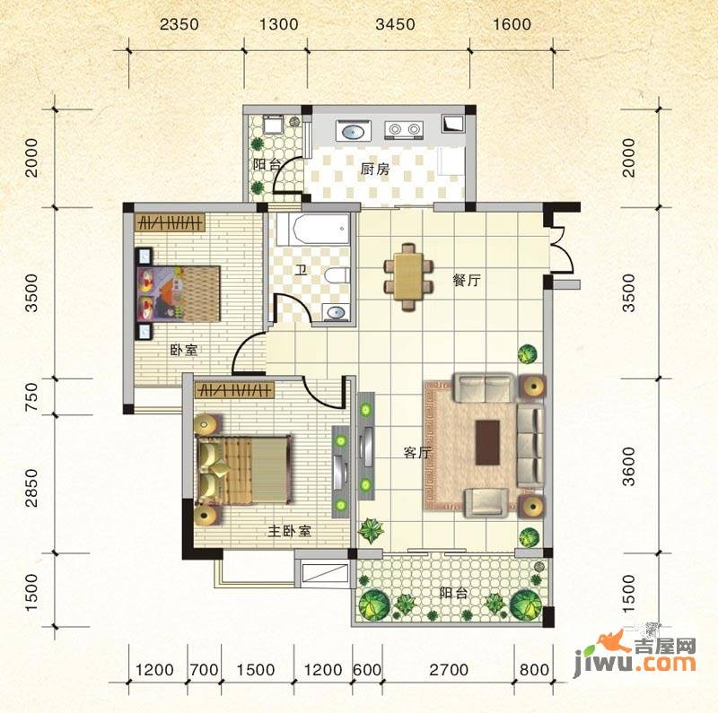 北海国际新城四期2室2厅1卫84.8㎡户型图