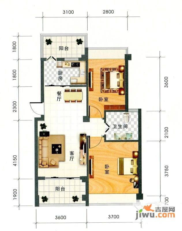 月亮河小区2室2厅1卫81.7㎡户型图