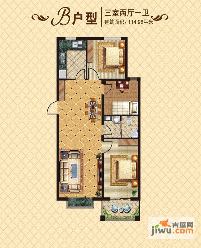 天元府邸3室2厅1卫115㎡户型图