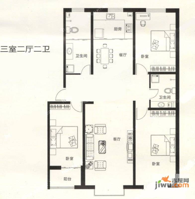 新世纪花园B区3室2厅2卫140㎡户型图