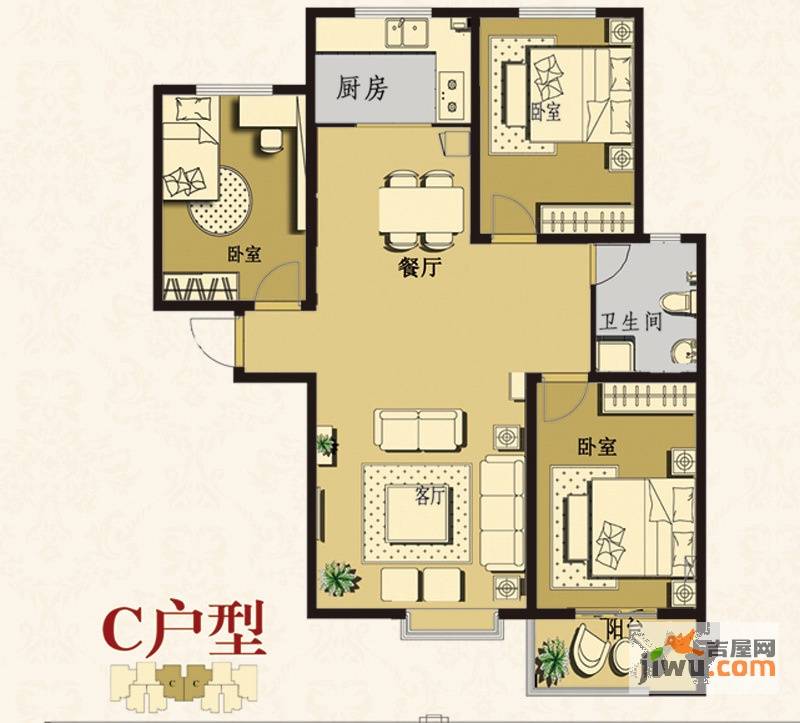 泽龙阳光国际3室2厅1卫133.2㎡户型图