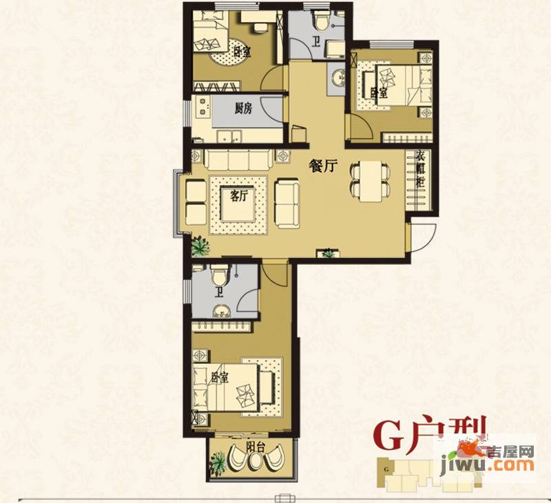 泽龙阳光国际3室2厅2卫118.3㎡户型图