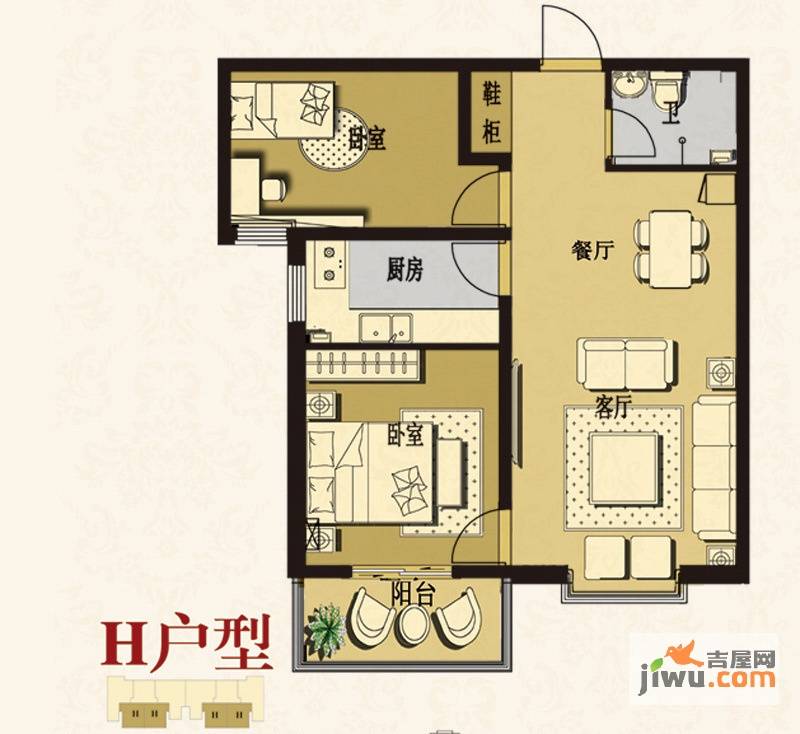 泽龙阳光国际2室2厅1卫84.7㎡户型图