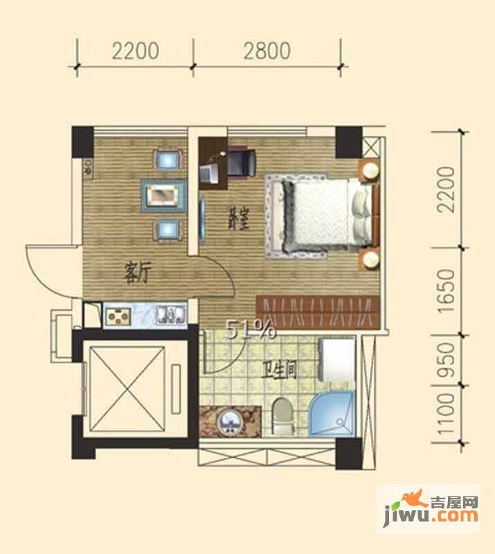 冠都幸福彼岸1室1厅1卫33.8㎡户型图