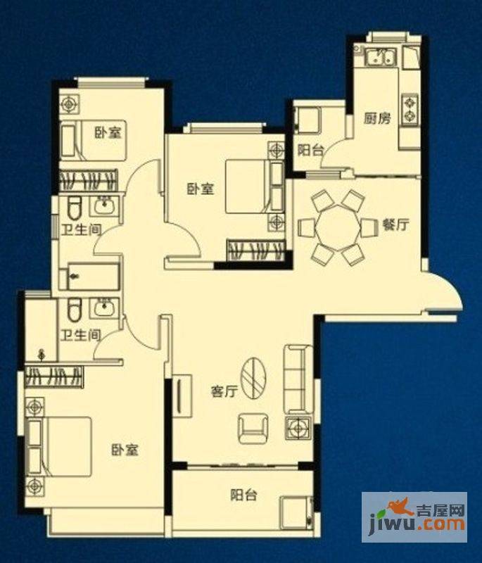 恒大绿洲3室2厅2卫136.4㎡户型图