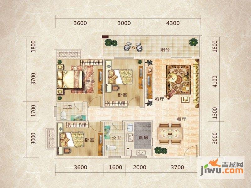 峰邸壹号3室2厅2卫119.7㎡户型图