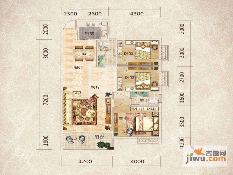 峰邸壹号3室2厅2卫117.4㎡户型图