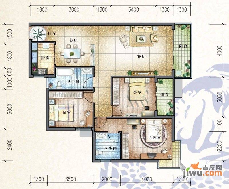 依山美郡3室2厅2卫122.8㎡户型图