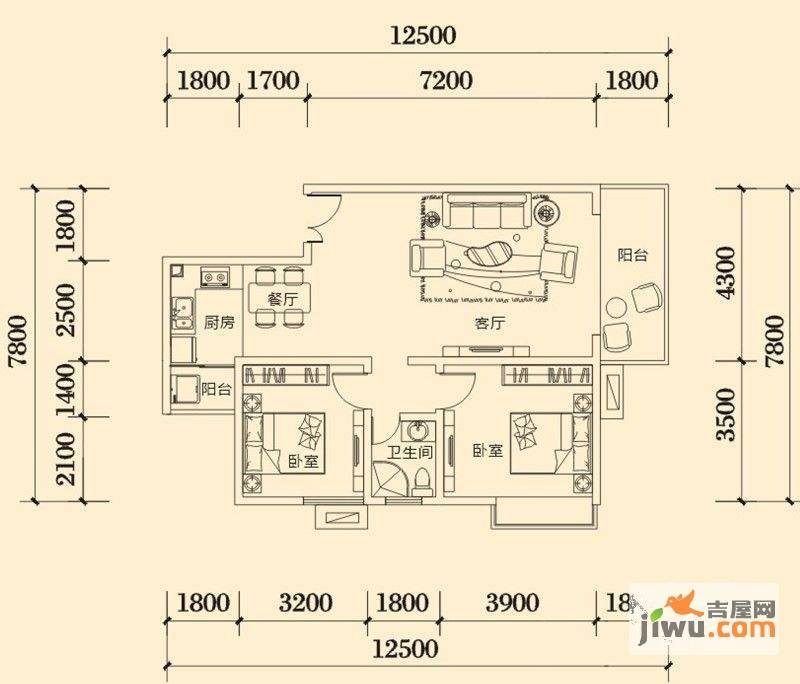 明兴翰苑2室2厅1卫74.7㎡户型图