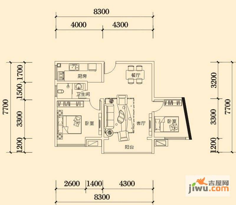 明兴翰苑2室2厅1卫86.4㎡户型图