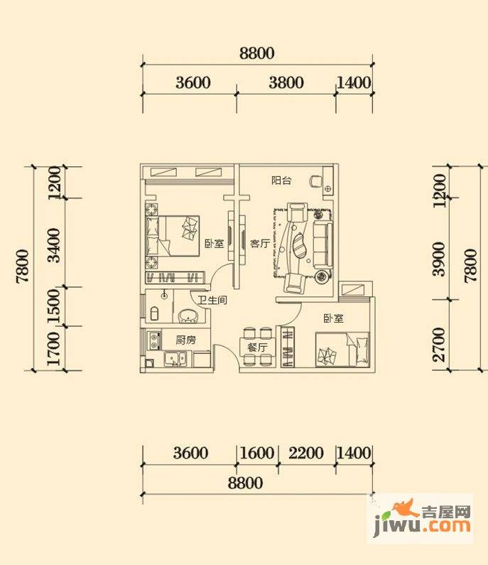 明兴翰苑2室2厅1卫70.2㎡户型图