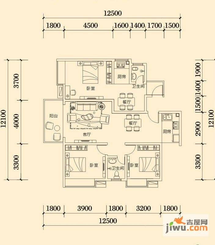 明兴翰苑3室3厅2卫87㎡户型图