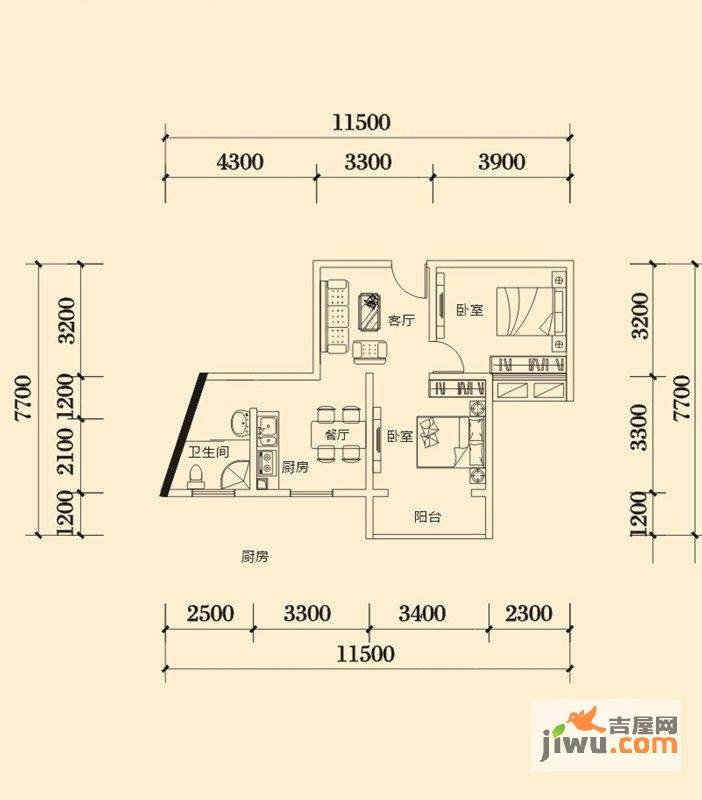 明兴翰苑2室2厅1卫67.8㎡户型图