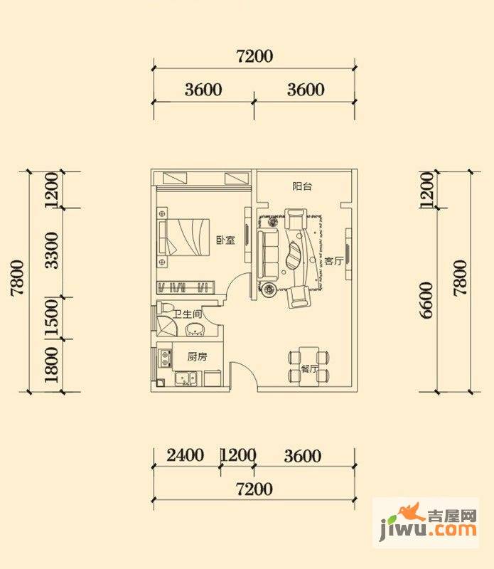 明兴翰苑1室2厅1卫64.8㎡户型图