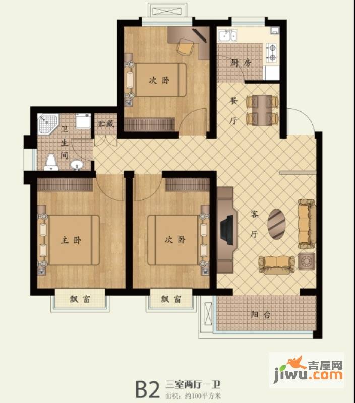 上海花园3室2厅2卫100㎡户型图