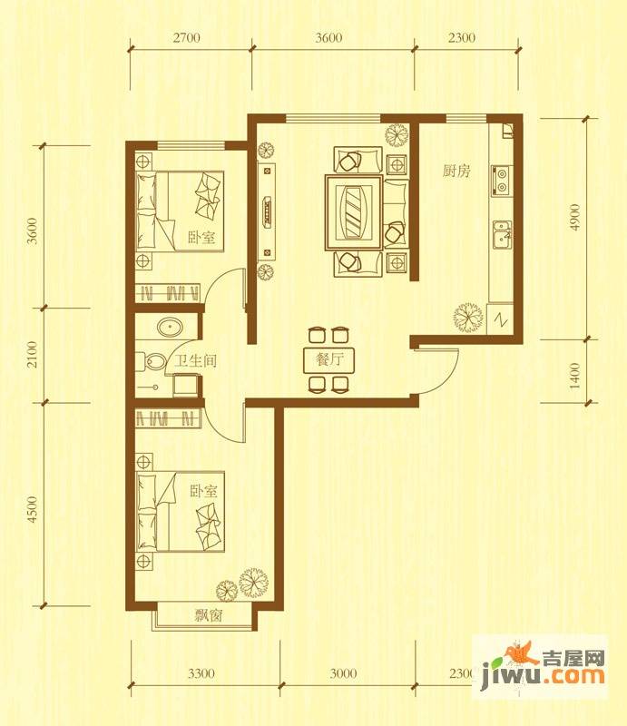 公元大道领誉2室2厅1卫74.9㎡户型图