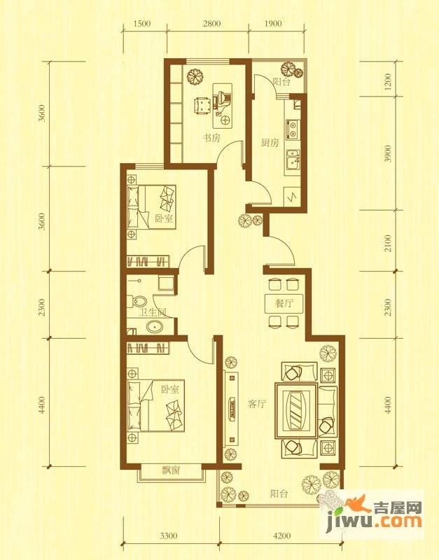 公元大道领誉3室2厅1卫106.2㎡户型图