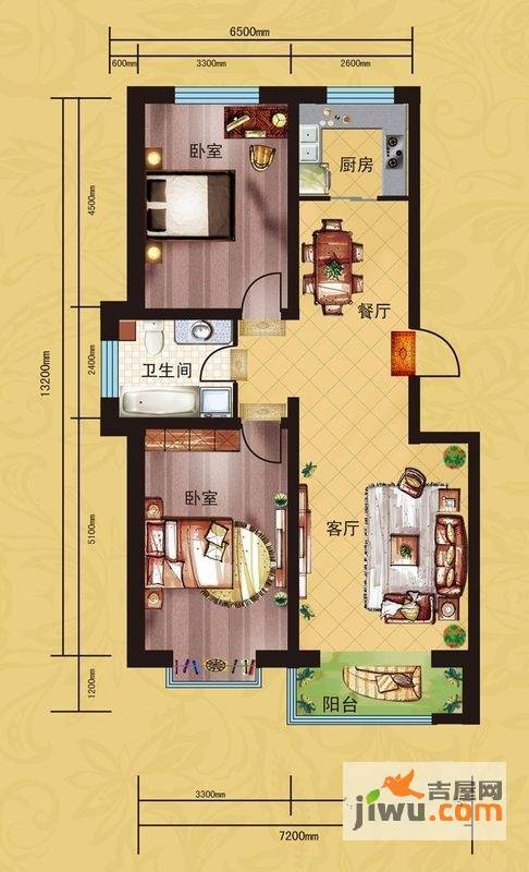 西城阳光2室2厅1卫100.4㎡户型图