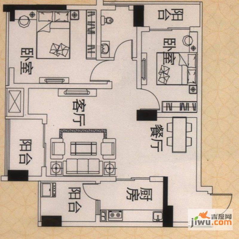 花园崇尚国际2室2厅1卫87.5㎡户型图