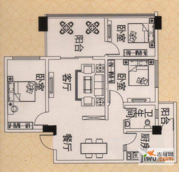 花园崇尚国际3室2厅1卫101.3㎡户型图