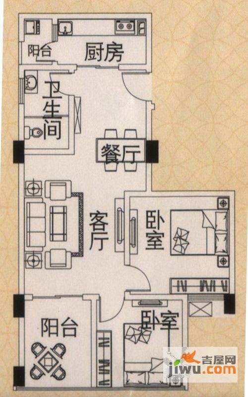 花园崇尚国际2室2厅1卫86.3㎡户型图