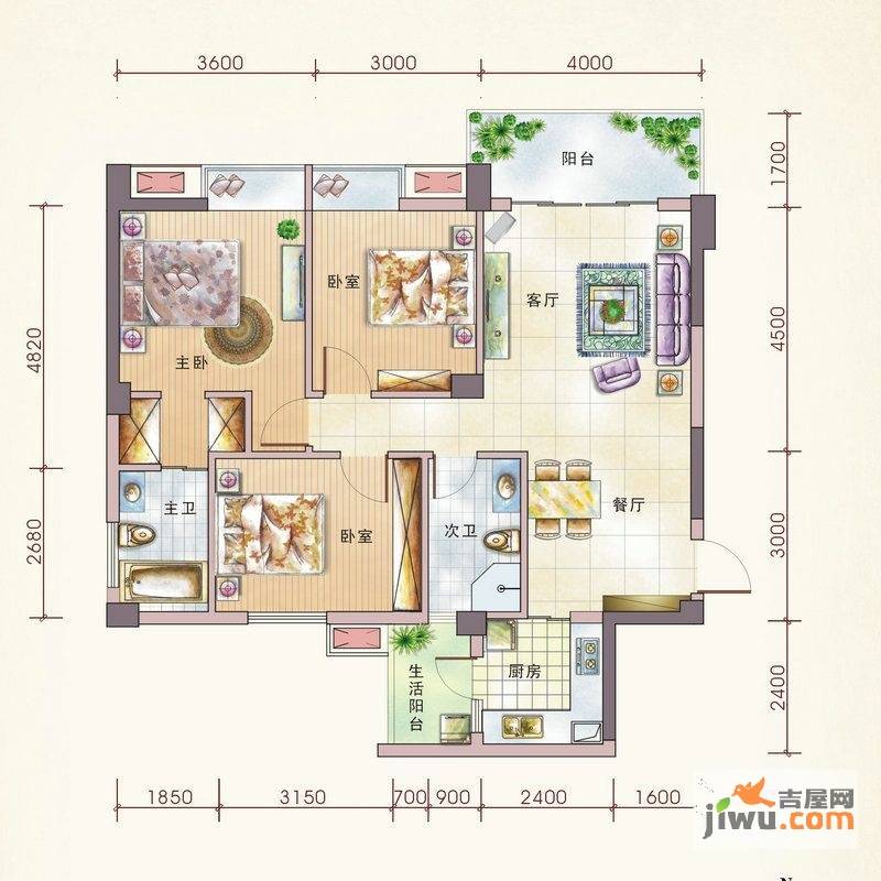 文泉凯旋大道3室2厅2卫96.9㎡户型图