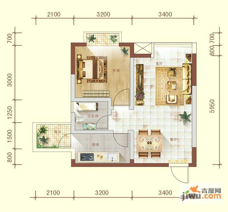 润森加州阳光1室2厅1卫53.2㎡户型图