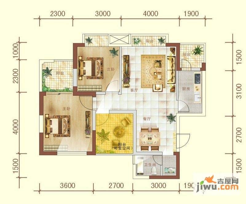 润森加州阳光2室2厅1卫89.3㎡户型图