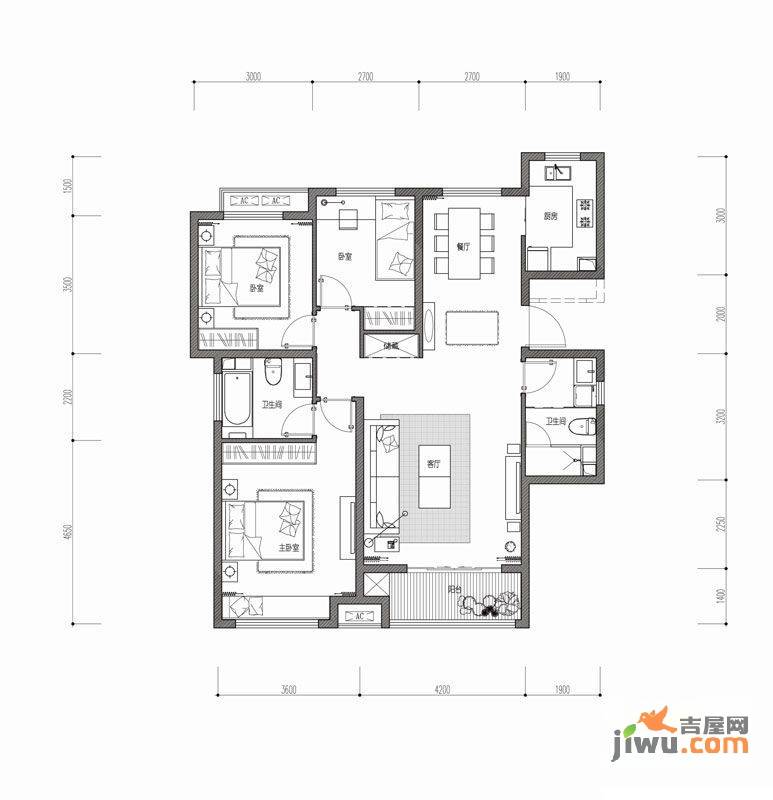 曦城花语3室2厅2卫70㎡户型图