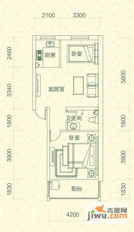 绿茵港湾2室1厅1卫66.9㎡户型图