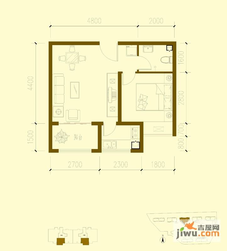 红光宜居1室1厅1卫47.7㎡户型图