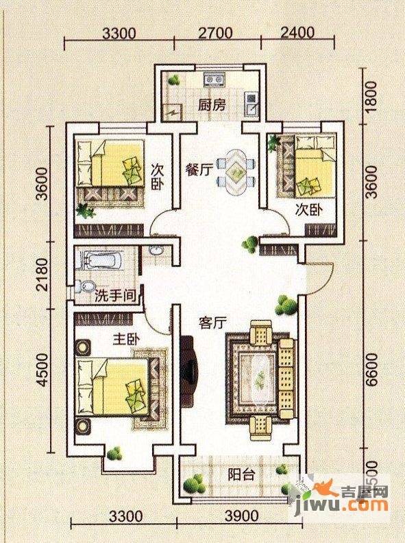 通源·里城3室2厅1卫104㎡户型图