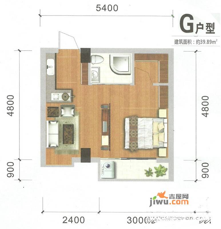 自由空间1室1厅1卫39.9㎡户型图