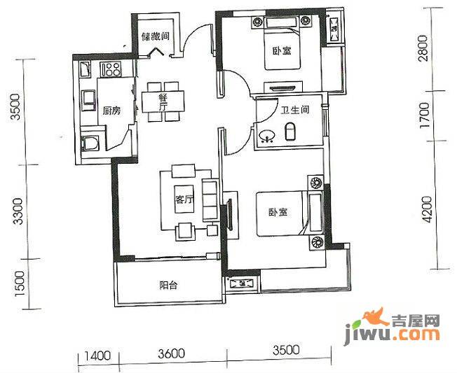 大都上善谷2室2厅1卫78.5㎡户型图