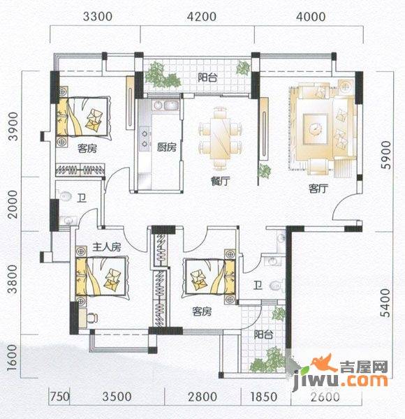 天和豪庭3室2厅2卫111.4㎡户型图