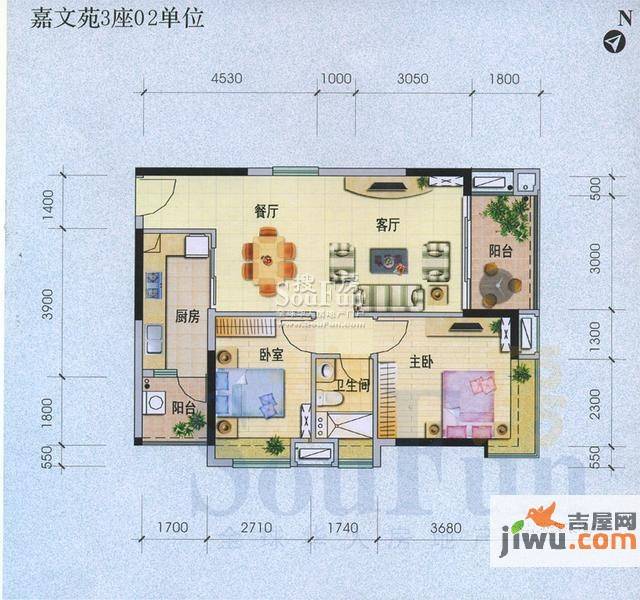 怡翠馨园2室2厅1卫82.9㎡户型图