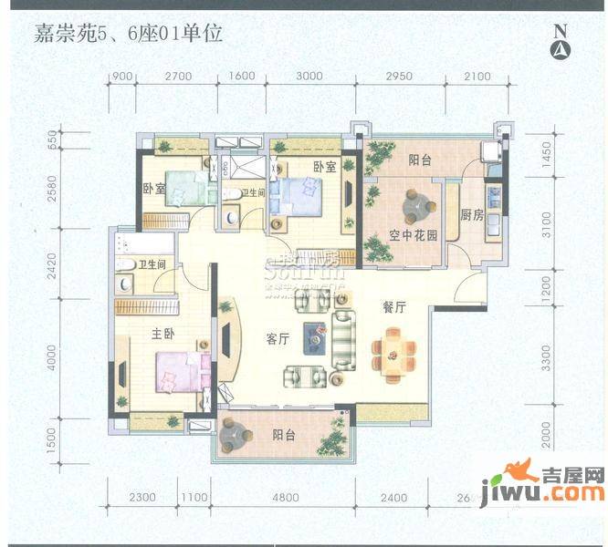 怡翠馨园3室2厅2卫125.2㎡户型图