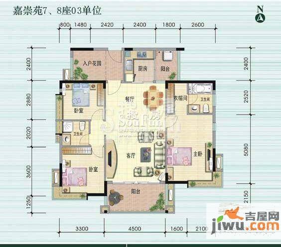 怡翠馨园3室2厅2卫129㎡户型图