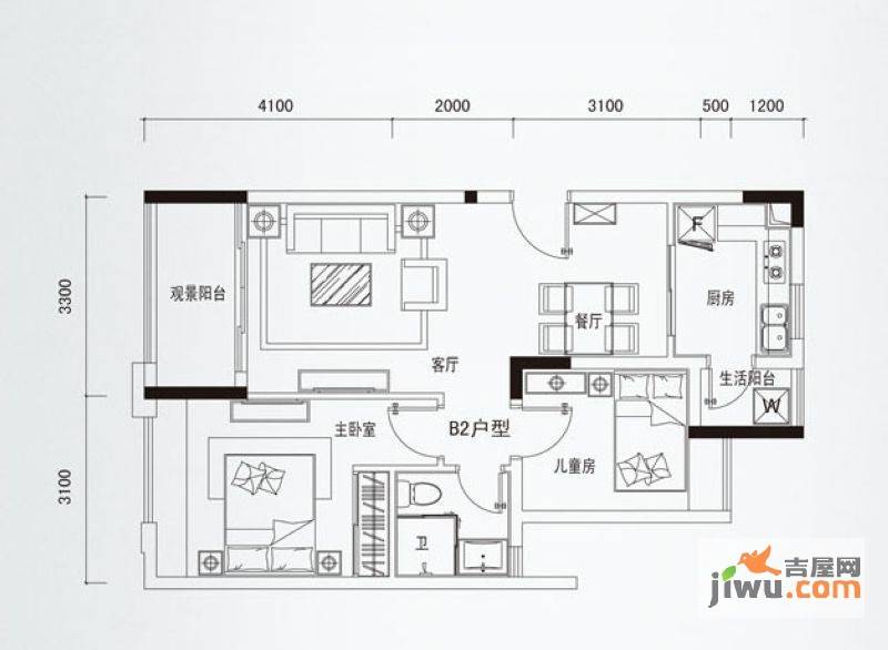 利海半岛城玺2室2厅1卫66㎡户型图