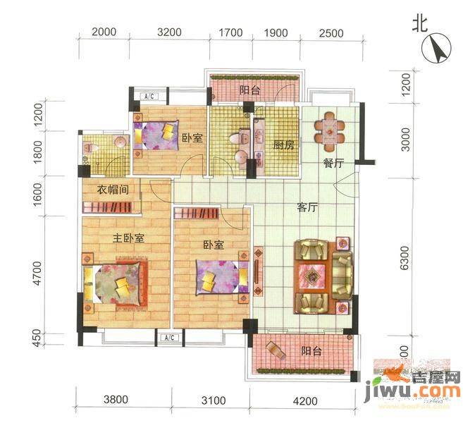 西堤国际花园3室2厅2卫120.7㎡户型图