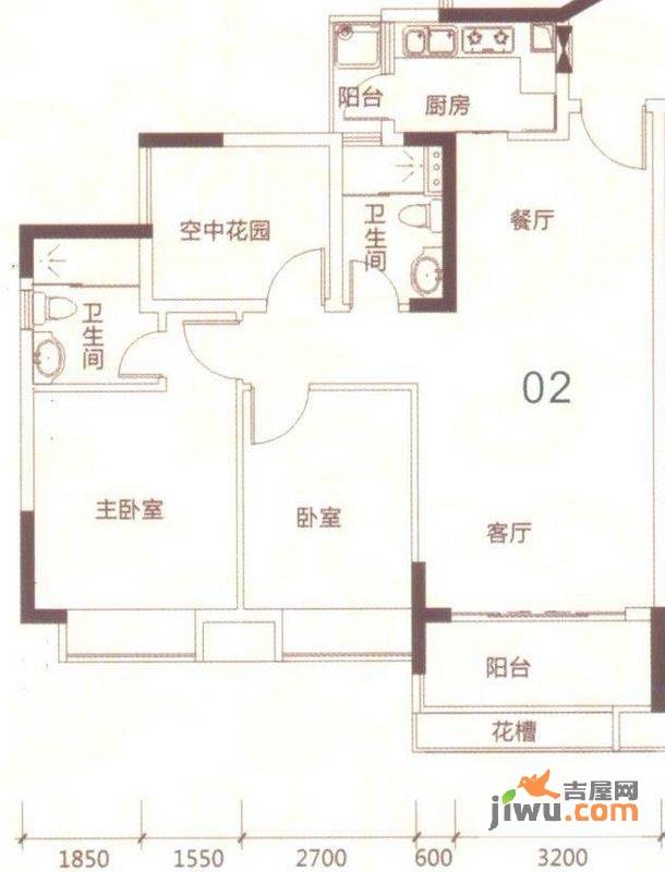 名汇嘉园2室2厅2卫92㎡户型图