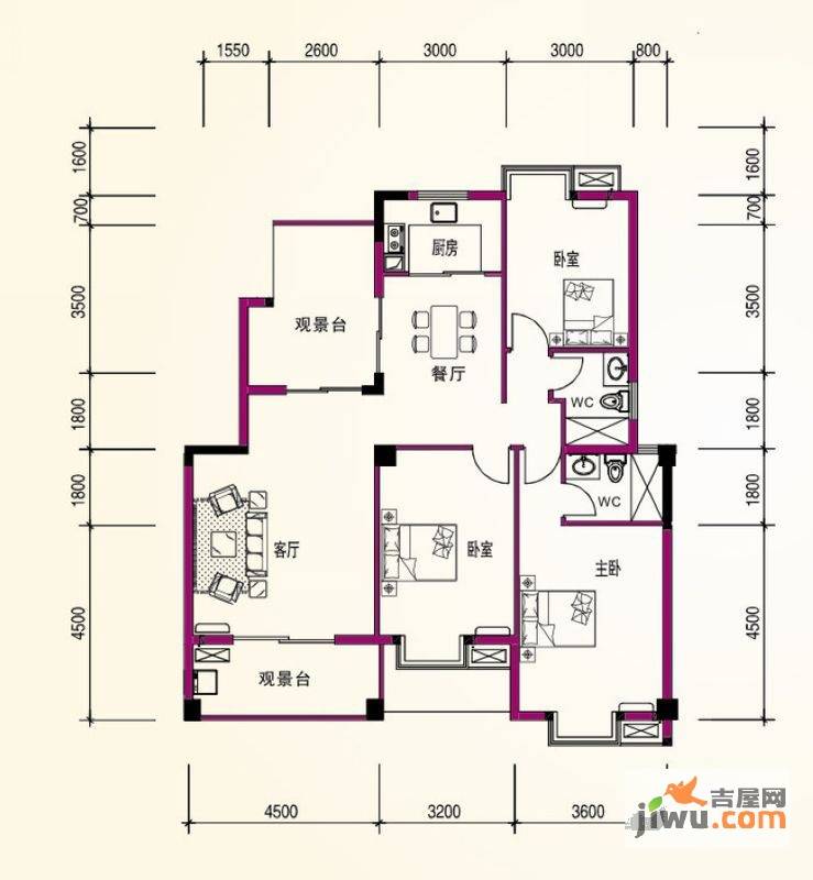 东方豪苑3室2厅2卫131.4㎡户型图