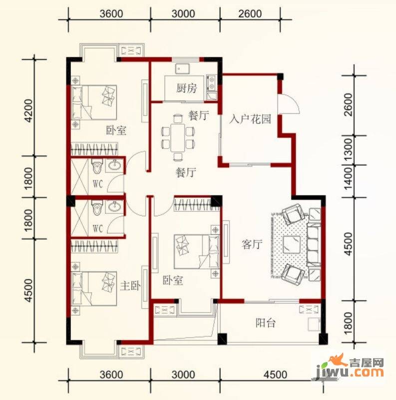 东方豪苑3室2厅2卫131.4㎡户型图