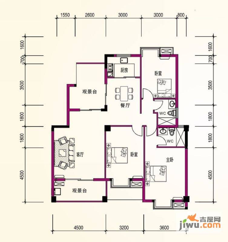 东方豪苑3室2厅2卫131.4㎡户型图