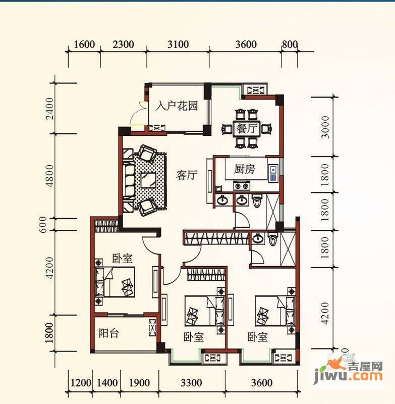 东方豪苑3室2厅2卫131.4㎡户型图