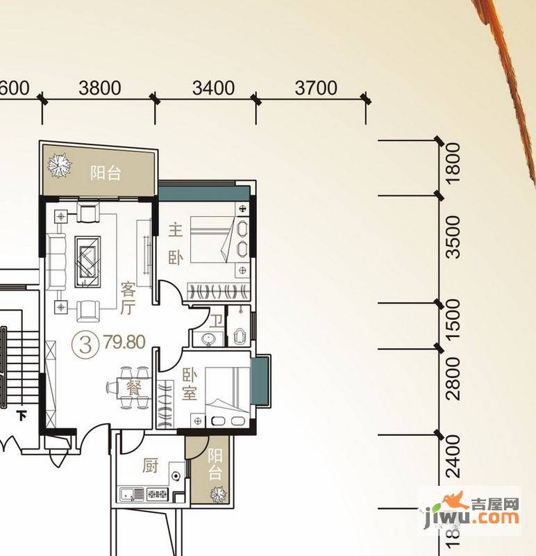 胜坚怡景湾2室2厅1卫79.8㎡户型图